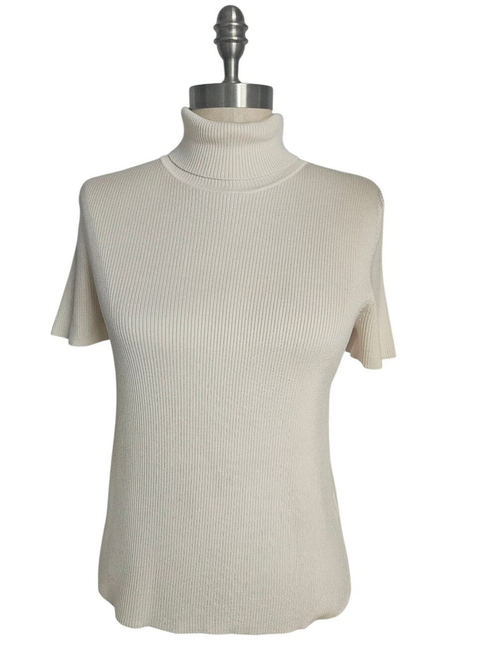 LAUREN RALPH LAUREN Silk Blend Ribbed Short Sleeve Cream Turtleneck | SZ P/M